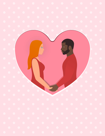 Greeting card for Happy Valentines day, February 14th. Bearded Afro american man with beautiful redhead woman. Happy multiracial couple in love, holding hands and looking into each others eyes.のイラスト素材