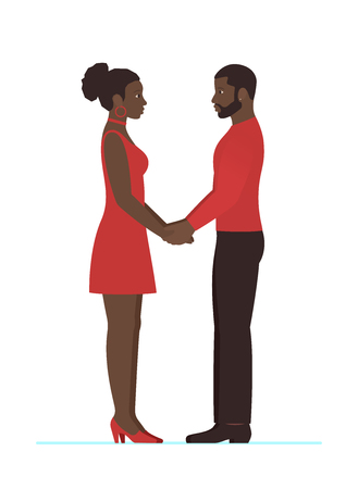 African female and african male, couple in love, holding hands and looking into each others eyes in full growth standing. Valentine's day, engagement, wedding or anniversary flat style isolated.のイラスト素材