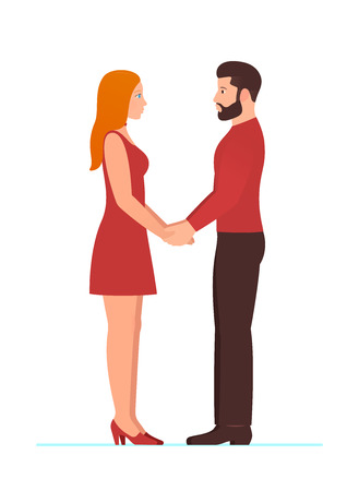 Happy Valentine's day, February 14th. Bearded man and beautiful redhead woman, couple in love, holding hands, looking into each others eyes, in full growth standing. Template for wedding or anniversary.のイラスト素材