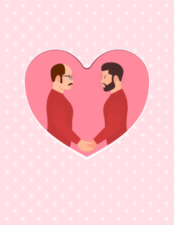 two men, multiracial gay couple in love, holding hands and looking into each others eyes. Greeting card for Happy Valentines day, engagement or wedding or anniversary.のイラスト素材