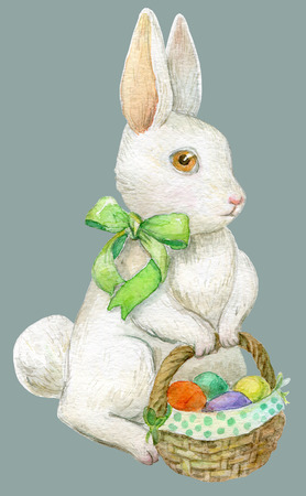 watercolor Easter Bunny with a basket of colored Easter eggs. Sticker or design  illustration aquarelle. isolated clipping path.の写真素材