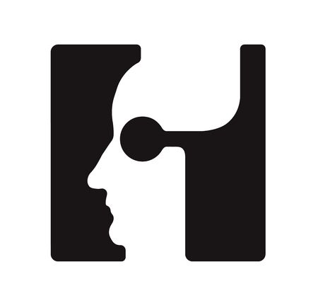 H h Logo logotype - English font upper case letter - human faces of cyborg robots, for computer theme, science etc, retro styleのイラスト素材
