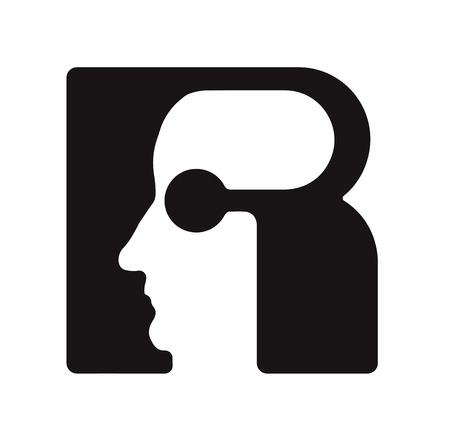 R r  - English font upper case letter - human faces of cyborg robots, for computer theme, science etc, retro style.の写真素材