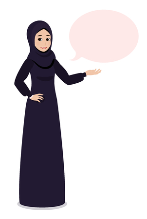 Arab Muslim girl in hijab veil points at something or presenting with her hand.のイラスト素材