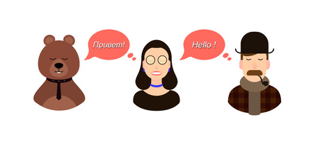 International communication translation concept illustration. tourists or businessmen or politicians from Russia and England communicate through a translator.のイラスト素材