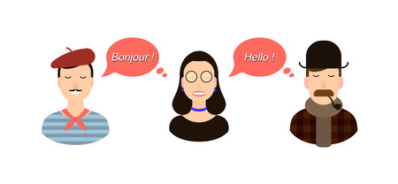 International communication translation concept illustration. tourists or businessmen or politicians from France or French speaking countries and England communicate through a girl translator.のイラスト素材
