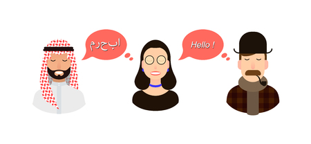 International communication translation concept illustration. tourists or businessmen or politicians from arab speaking country and England communicate through a girl translatorのイラスト素材