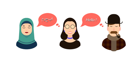 International communication translation concept illustration. tourists or businessmen or politicians from arab speaking country and England communicate through a girl translatorのイラスト素材