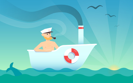 A man like the Sea captain sailing in a boat bathtub on the sea. A humorous fun illustration of the concept poster on the theme of leisure rest and vacation holidayのイラスト素材