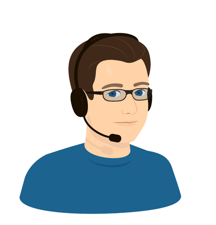 call center operator boy man with glasses and headphones with microphone - realistic face, portraitのイラスト素材