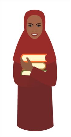 Afro girl student in red hijab with stack of textbooks in hands, Cute realisticのイラスト素材