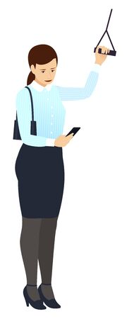 A business woman looks at a smartphone in public transport, standing and holding the handrail, on the way to work or after work, home. isolated vectorのイラスト素材