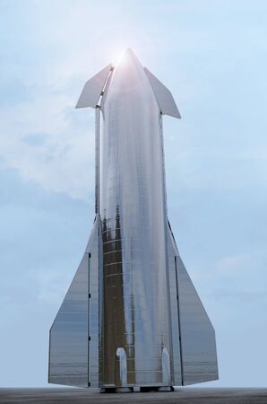 SpaceXs Starship prototype Mk1 rocket - suborbital, prototype, SpaceX Elon Musk company, on September 30, 2019, Boca Chica, Texas - 3D rendering.のeditorial素材