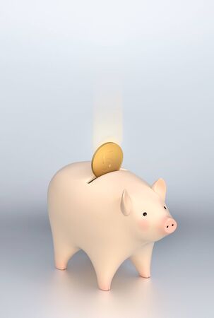 Pink piggy bank, with gold coin falling into slot. Isolated path on whiteの写真素材