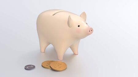 Pink piggy bank, with a coins. Isolated path on whiteの写真素材