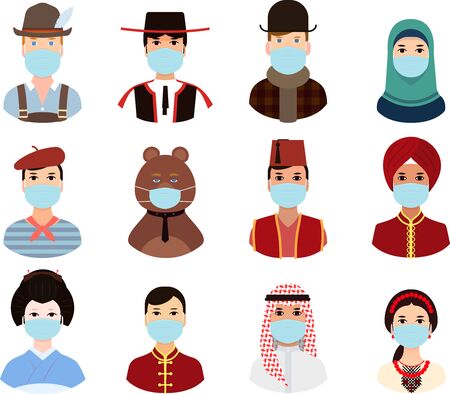 People around the world countries in national clothes put on a masks - poster, quarantine, coronavirus. Illustrations concept coronavirus COVID-19.のイラスト素材