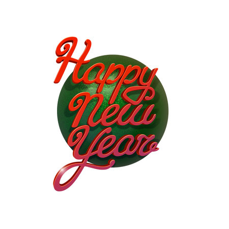 Happy New Year. Holiday Illustration, calligraphy lettering. Shiny red Lettering Composition With Sparkles and green Christmas ball. 3D rendering, isolated on white with clipping working pathの写真素材