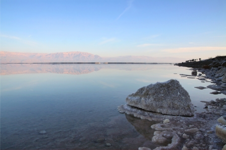 Dead Sea coastline at sunsetの写真素材