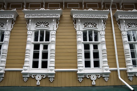 windows with architraves, typical of Russian cultureの写真素材