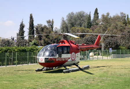 BEER-SHEVA, ISRAEL - MARCH  27, 2013: Helicopter air ambulance Bo.105 at Soroka Hospital helipad,...