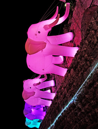 JERUSALEM, ISRAEL - JUNE 18, 2014: Elephants on the wall of the old city at the Festival "Light of Jerusalem"のeditorial素材