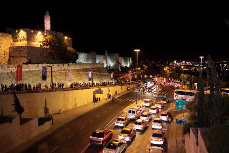 JERUSALEM, ISRAEL - JUNE 18, 2014:  Jaffa street and Tower of Davidのeditorial素材