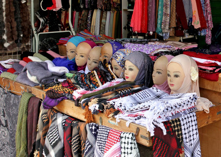 Shop with scarves in Arabic bazaar in Jerusalem
