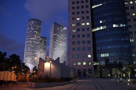 TEL AVIV, ISRAEL - MAY 10, 2015: Azrieli skyscrapers in Tel Aviv in eveningのeditorial素材