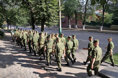 PENZA, RUSSIA - AUGUST 12, 2012: Platoon of soldiers walking along the street of the city Penzaのeditorial素材