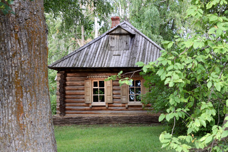 TARKHANY, RUSSIA - AUGUST 19, 2012: Old peasant house in the estate family Lermontov Tarkhanyのeditorial素材
