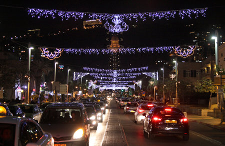 HAIFA, ISRAEL - DECEMBER 22, 2015: Christmas illuminations in the  German Colony quarter in Haifaのeditorial素材
