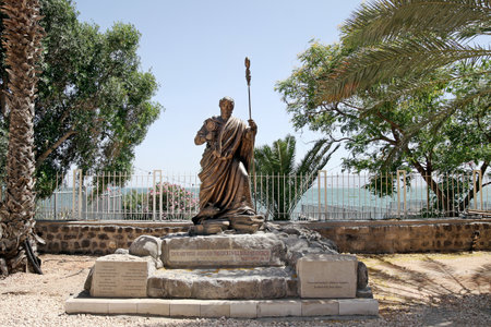 CAPERNAUM, ISRAEL - JUNE 01, 2013: Capernaum. Statue of St. Peter in the courtyard of the monasteryのeditorial素材