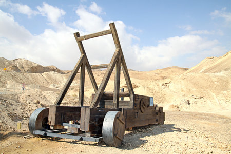 MASADA, ISRAEL - FEBRUARY 12, 2011: Ancient wooden catapult at the foot of Masadaのeditorial素材