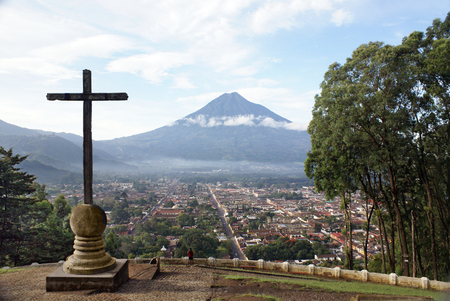 View Antigua Guatemala and the volcano from the observation point. City Museum, the former  capital of colonial Guatemalaの写真素材