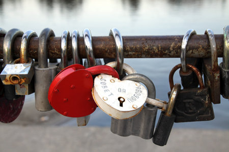 PENZA, RUSSIA - AUGUST 12, 2012: Locks of newlyweds. Inscription: Council and loveのeditorial素材