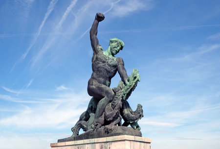 BUDAPEST, HUNGARY - SEPTEMBER 28, 2016: Sculpture fighter dragons, detail Monument to Freedom on...
