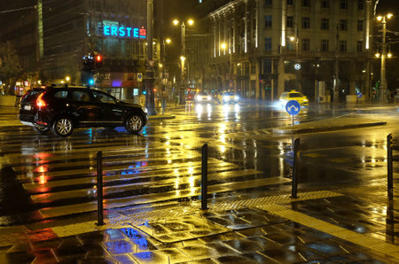 BUDAPEST, HUNGARY -  OCTOBER 02, 2016: Crossroads in Budapest at night in the rainのeditorial素材