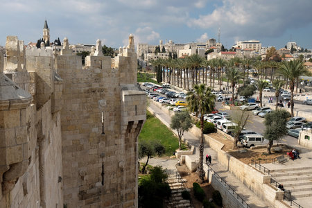 JERUSALEM, ISRAEL - MARCH 25, 2017: View from the Shechem (Damascus) gate to Jerusalemのeditorial素材
