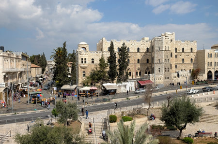 JERUSALEM, ISRAEL - MARCH 25, 2017: View from the Shekhem Gate to the French Dominican Monastery of St. Etienne and the Church of St. Stephenのeditorial素材
