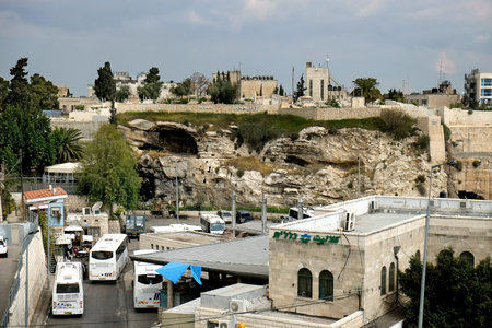 JERUSALEM, ISRAEL - MARCH 25, 2017: View from the northern wall of the old city of Jerusalem to...