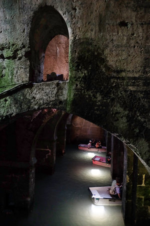 RAMLA, ISRAEL - JULY  22, 2017: Boating in the underground Arched Pool - an ancient reservoir for...