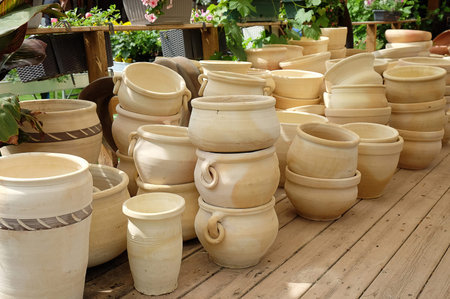 Clay pots for planting flowers and plants in the garden