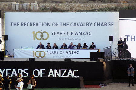 BEER SHEVA, ISRAEL - OCTOBER 31, 2017: Reconstruction of the attack on Beer Sheva by the forces of the Australian and New Zealand Army Corps (ANZAC) during the First World War. On the stage, the Prime Minister of Israel, the Prime Minister of Australia anのeditorial素材