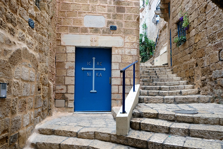 Entrance to the Greek Orthodox monastery of Archangel Michael in Jaffaの写真素材