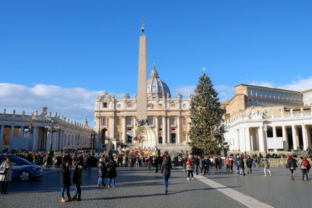 VATICAN,  VATICAN - DECEMBER 29, 2017: Christmas tree and a den in the Vatican in front of St. Peter's Cathedralのeditorial素材
