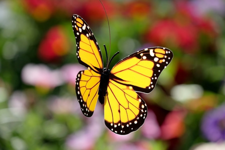 An element of design in the garden is an artificial butterfly on a floral backgroundの写真素材