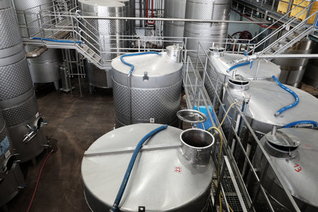 GALIL, ISRAEL - MAY 28, 2018: Stainless steel tanks for wine fermentation in the Galil wineryのeditorial素材