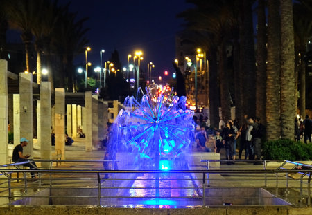 JERUSALEM, ISRAEL - JUNE 04, 2018: Fountain with illumination on Sultan Suleiman streetのeditorial素材