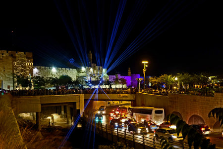 JERUSALEM, ISRAEL - JUNE 04, 2018: Jerusalem Festival of Lights 2018. Laser show at the Jaffa Gate