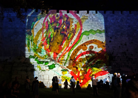 JERUSALEM, ISRAEL - JUNE 04, 2018: Jerusalem Festival of Lights 2018.  Projection on the wall of the Old Cityのeditorial素材